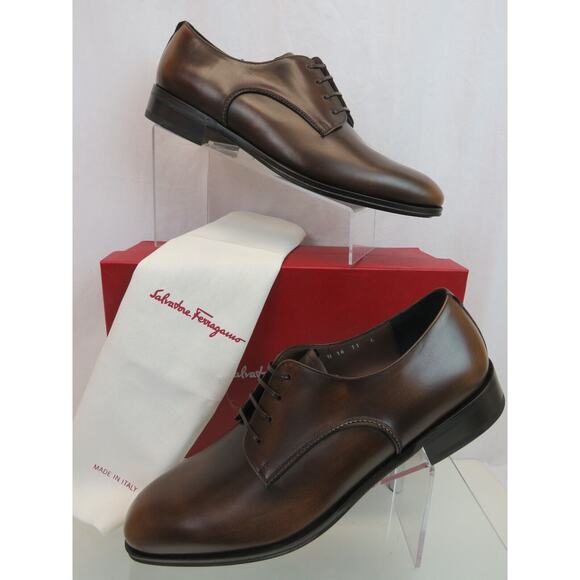 NIB FERRAGAMO DANIEL BURNISHED BROWN BROGUE LEATHER LACE UP DERBY OXFORDS 9.5 E main image 7